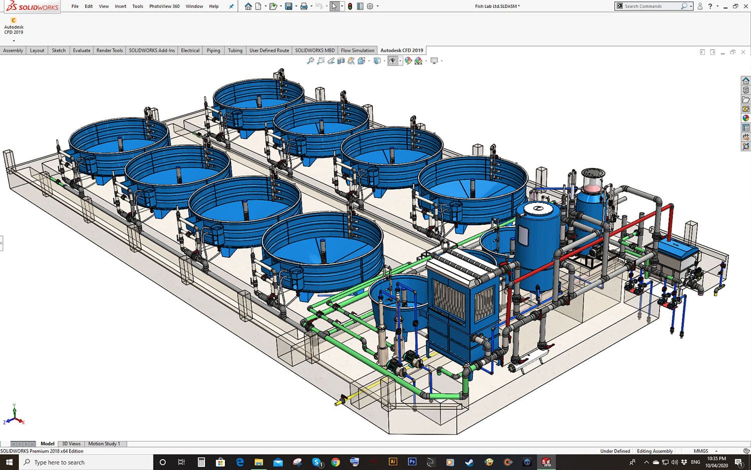 Assieme 3D di un impianto con vasche, tubazioni e pompe nel software CAD